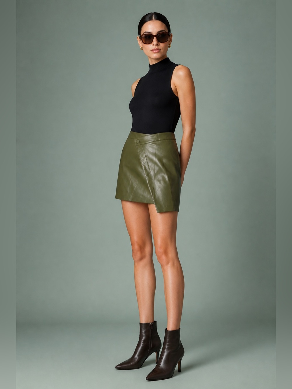 NICHOLAS Gabriella Wrap-effect Faux Leather Olive Mini Skirt with flaw check pic